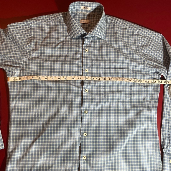 Peter Millar Mens L Plaid Dress Shirt Blue Tan Check 100% Cotton Button Down top - Picture 2 of 14